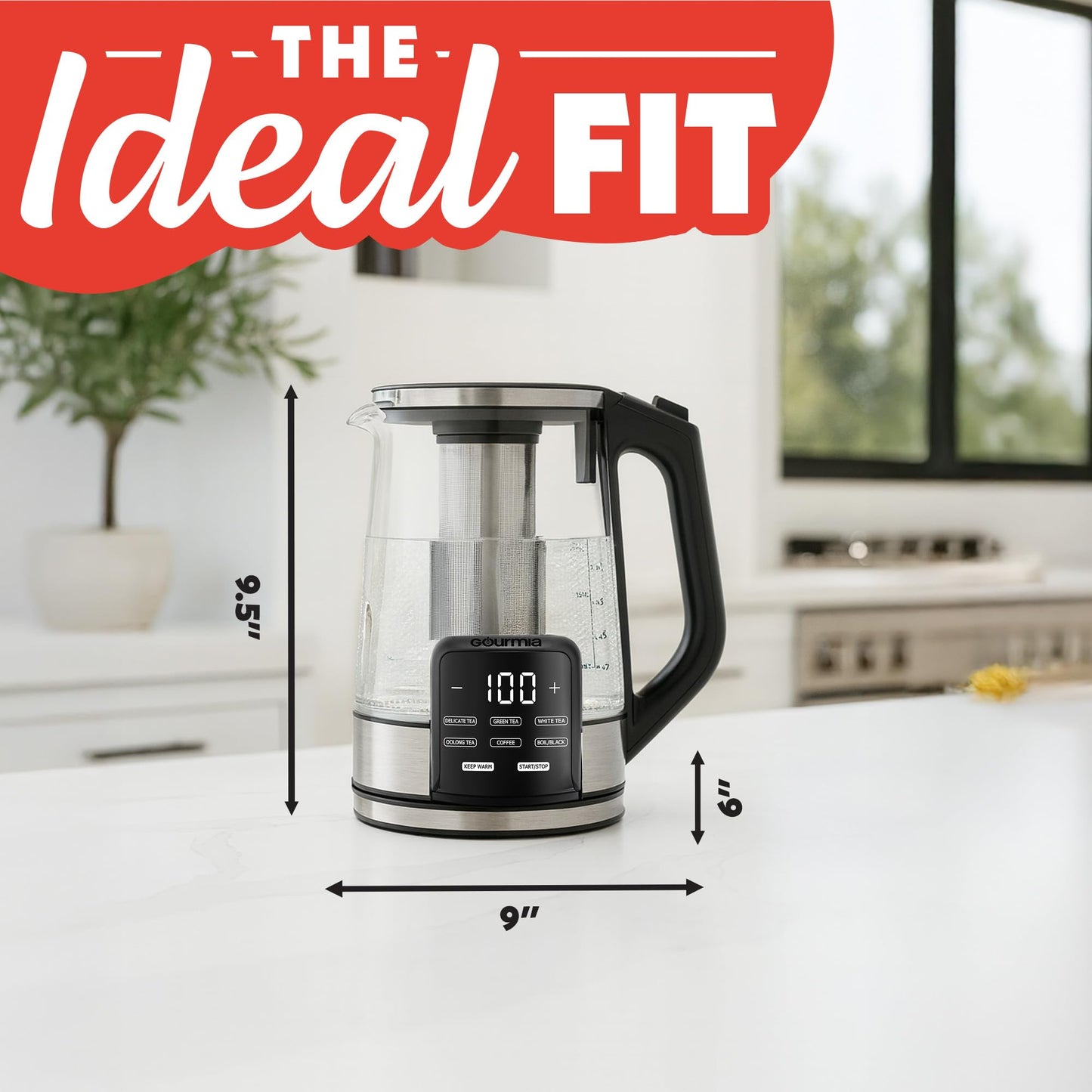 Gourmia Electric Programmable Glass Kettle – 1.7L Temperature Control Tea & Coffee Kettle with Digital Touch Display, 6 Presets, Keep Warm, Removable Stainless Steel Infuser, 360° Swivel Base – Black
