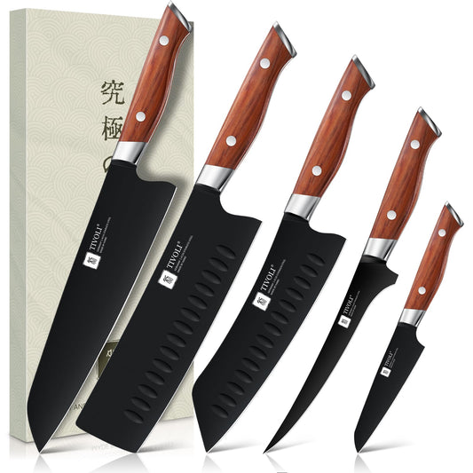 TIVOLI Chef Knife Set, Professional 5PC Knife Set, German High Carbon Stainless Steel Ultra Sharp Kitchen Knives with Full Tang Ergonomic Wood Handle for for Cooking - Gifts for Mom