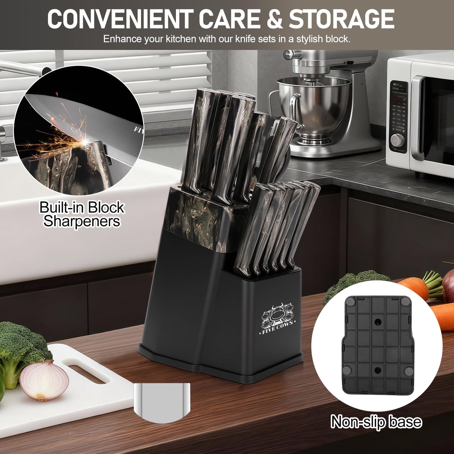 16-Piece Kitchen Knife Block Set with Cutting Board - German Stainless Steel Knives, Built-In Sharpener, Dishwasher Safe, Anti-Slip Handle - All-in-One Cutlery Set for Home/Kitchen (Black)