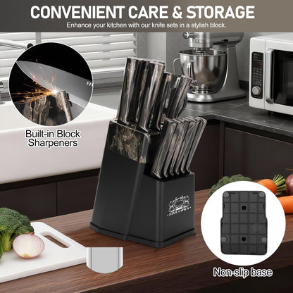 16-Piece Kitchen Knife Block Set with Cutting Board - German Stainless Steel Knives, Built-In Sharpener, Dishwasher Safe, Anti-Slip Handle - All-in-One Cutlery Set for Home/Kitchen (Black)