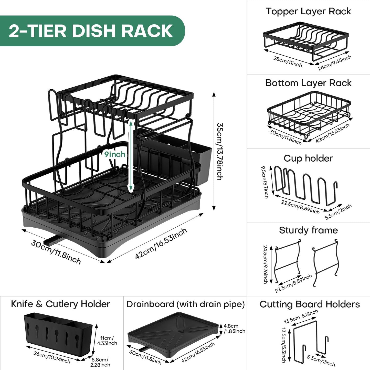 2 Tier Dish Rack, Carbon Steel Dish Drying Rack for Kitchen Organization & Storage, Countertop / Sink Dish Rack with Automatic Drain Tray, Large Capacity Black Dish Rack - Essential Home Kitchen Item