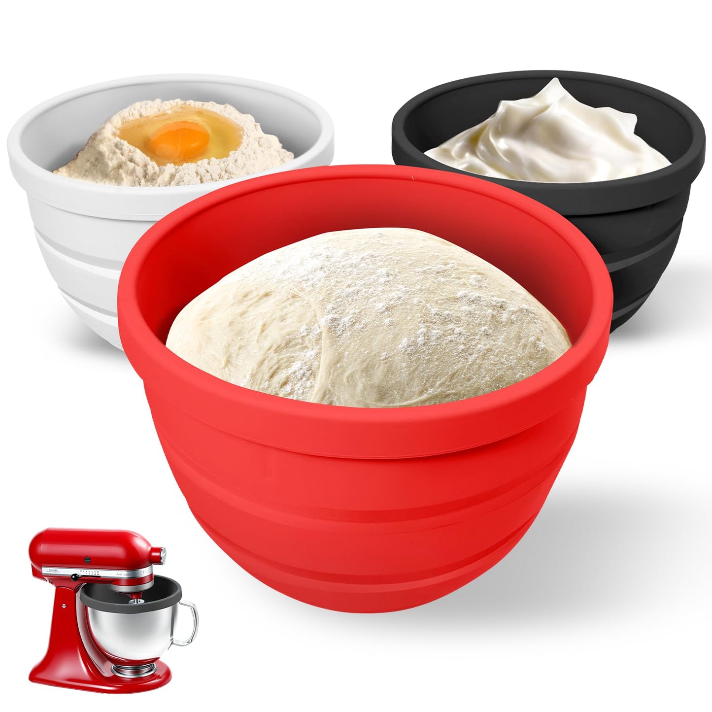 Forenee Collapsible Silicone Bowl Insert for KitchenAid 5-Qt Tilt-Head Mixer Bowl, Ultra-Thick Stable Liner, Raised Splash-Guard Rim, Easy-Release, Dishwasher Safe, Space-Saving 3-Pack for Home