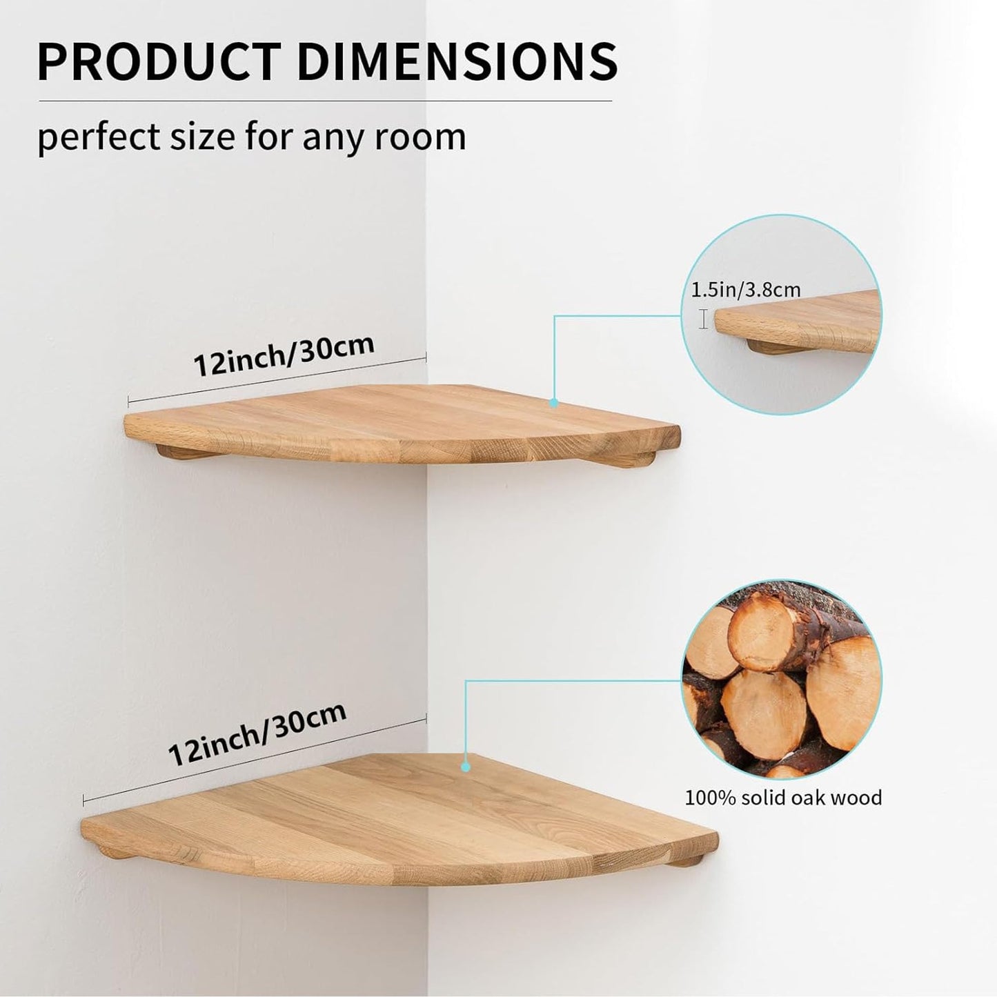 Conamily Corner Shelves, Floating Corner Shelf, Set of 2 12inch Solid Oak Wood Wall Shelves, Round End Wall Mount Display Shelf with Wire Hole for Bedroom Kitchen, Living Room