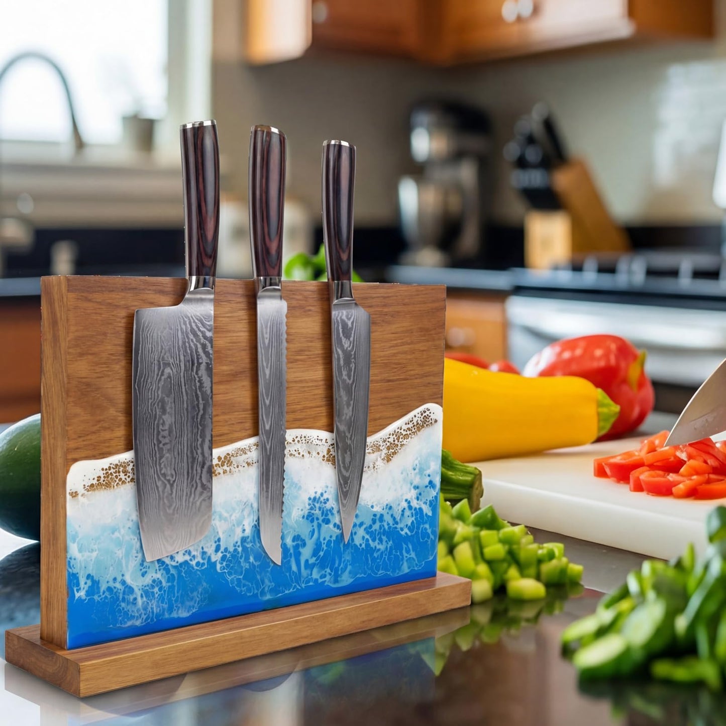 Singhoow Magnetic Knife Block Double Sided Magnetic Knife Board Acacia Wood Blue Resin Ocean River Magnet Knives Holder Stand for Kitchen Storage Counter Gifts for New Home 13 x 10 Inch Without Knives