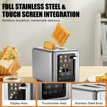 WUNLY 2 Slice Toaster,Touchscreen & Dual Independent Control Panel,5 Basic Functions & Digital Countdown Toasters,6 Shade Settings＆6 Bread Types,Smart Bread Maker Mute/Screen-Off,Platinum