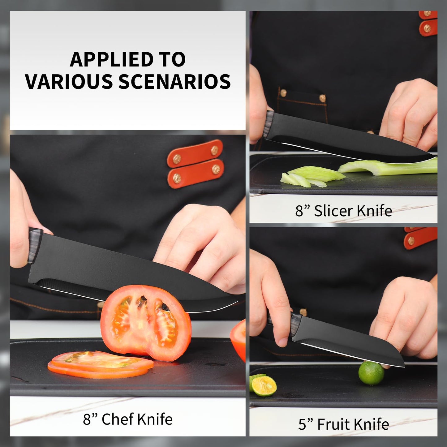 16-Piece Kitchen Knife Block Set with Cutting Board - German Stainless Steel Knives, Built-In Sharpener, Dishwasher Safe, Anti-Slip Handle - All-in-One Cutlery Set for Home/Kitchen (Black)