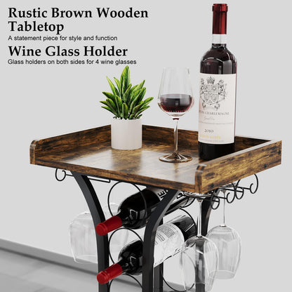 X-cosrack Wine Rack Freestanding Floor, Mini Bar Table Wine Holder Stand Liquor Cabinet with Glass Holder Wood Tabletop 14 Bottles Floor Wine Storage for Home Bar Kitchen Living Room