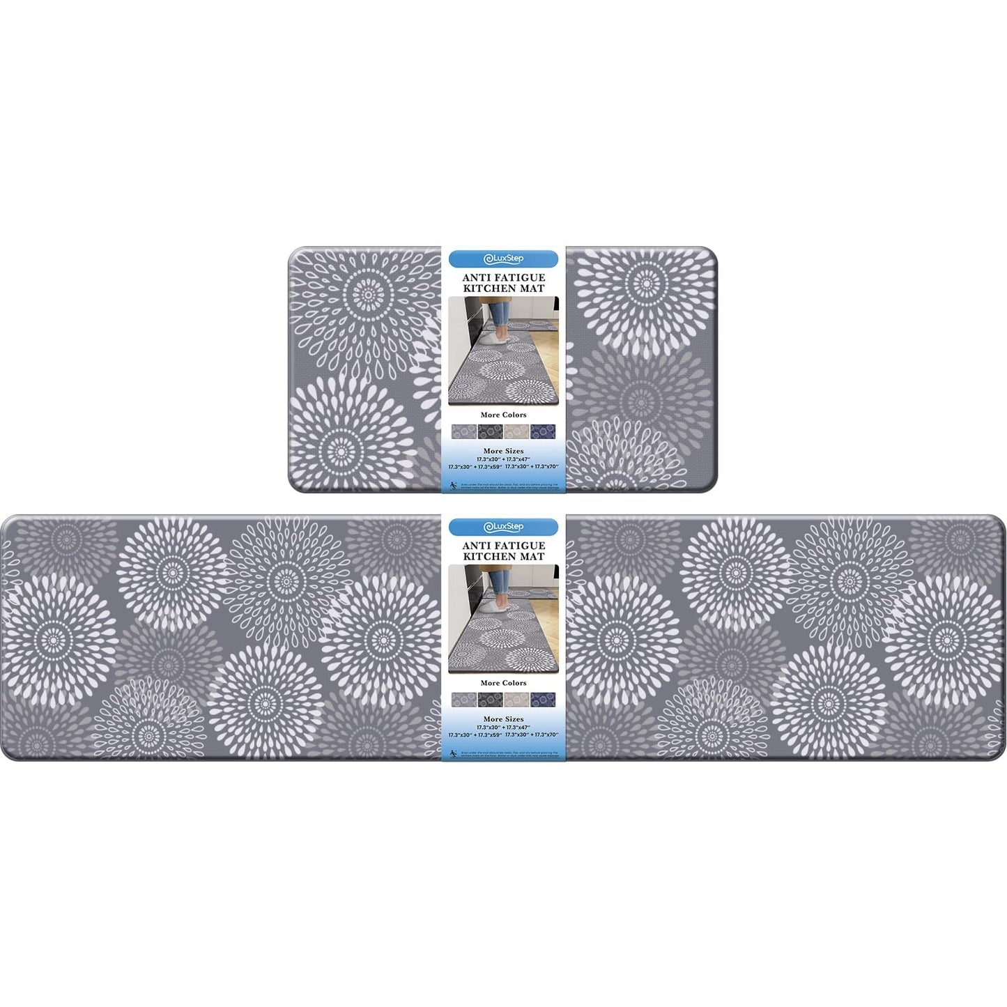 LuxStep Kitchen Mat Cushioned Rugs Anti-Fatigue Mats for Kitchen Floor,Waterproof Non-Slip Mats and Rugs Set for Office,Floor,Laundry 17.3"×30"+17.3"×70",Grey
