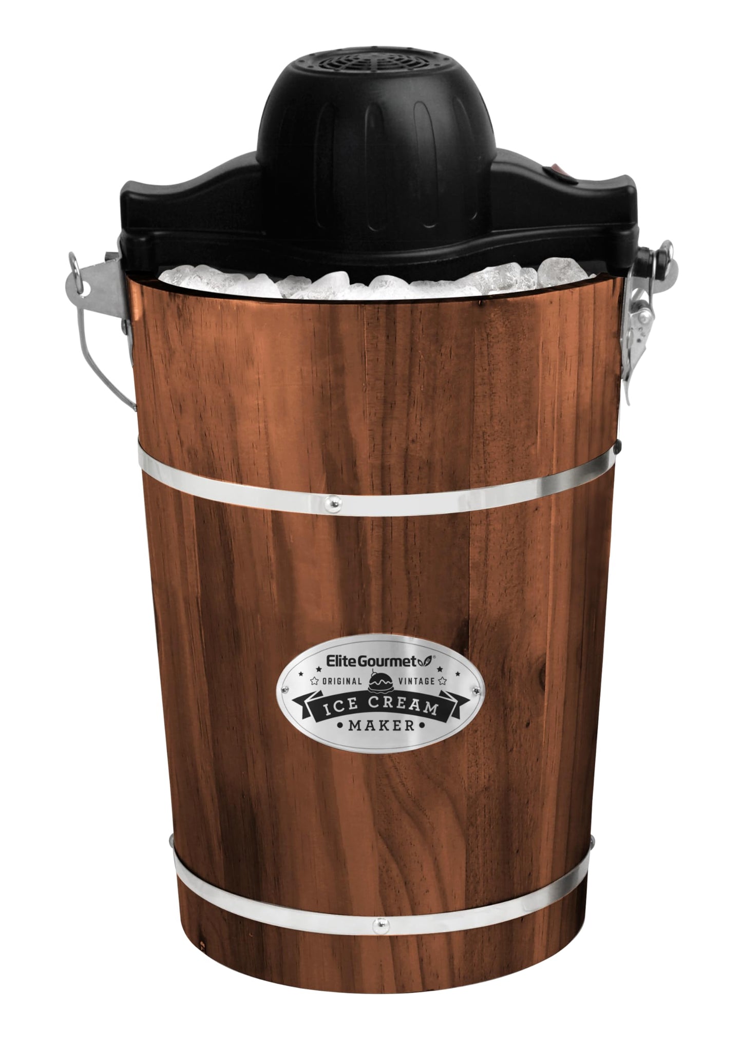 Elite Gourmet EIM949 Old Fashioned 6 Quart Vintage Walnut Wood Bucket, Electric Ice Cream Maker Machine Appalachian, Uses Ice and Rock Salt