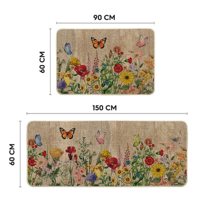 Artoid Mode Wood Flowers Butterfly Spring Kitchen Mats Set of 2, Seasonal Home Decor Leaves Low-Profile Kitchen Rugs for Floor - 24x35 and 24x59 Inch