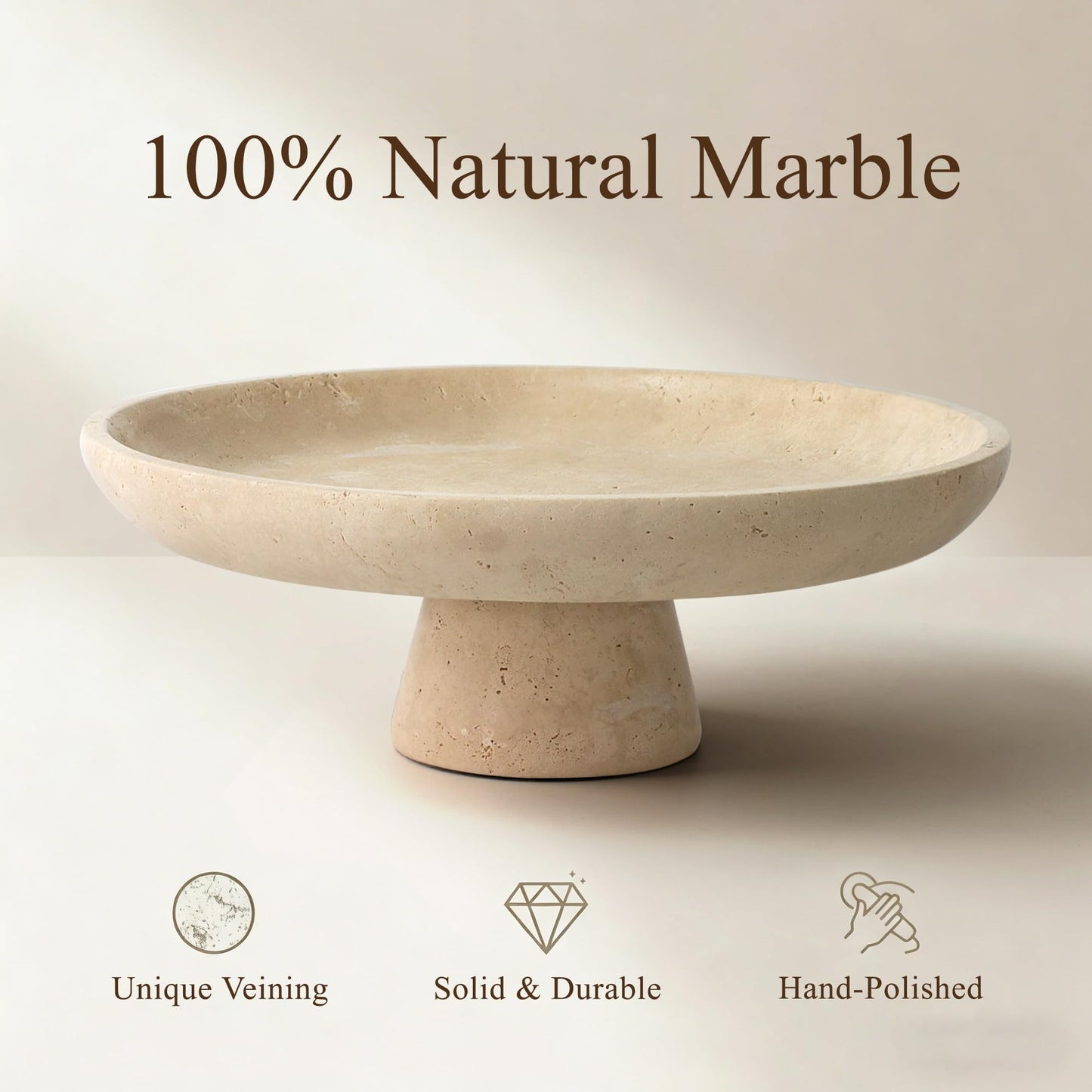 YMXYJM Natural Marble Pedestal Fruit Bowl, Large Decorative Bowl for Kitchen Counter/Living Room/Dining Table/Entryway, Beige