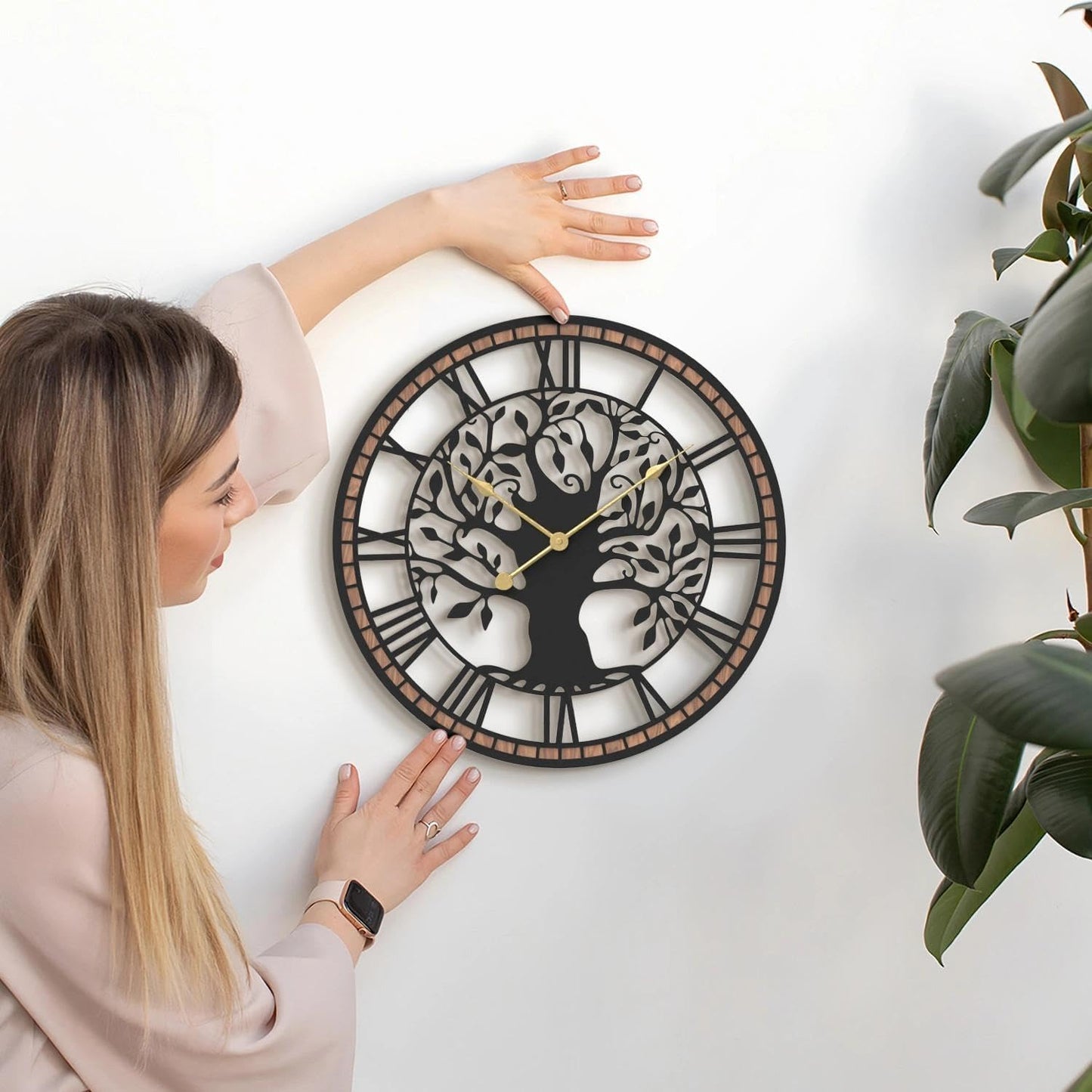 Micasso Wall Clocks Battery Operated: 15Inch Farmhouse Tree of Life Metal with Wood Frame - Rustic Roman Numerals Clock for Living Room/Office/Bedroom/Kitchen - Home Decor for Fashion-Conscious