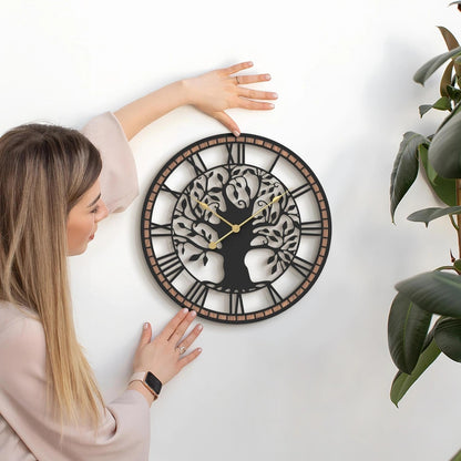Micasso Wall Clocks Battery Operated: 15Inch Farmhouse Tree of Life Metal with Wood Frame - Rustic Roman Numerals Clock for Living Room/Office/Bedroom/Kitchen - Home Decor for Fashion-Conscious