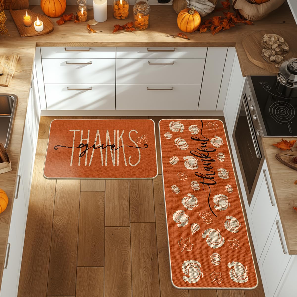 Artoid Mode Turkey Pumpkin Maple Leaves Thanksgiving Kitchen Mats Set of 2, Home Decor Low-Profile Kitchen Rugs for Floor - 24x35 and 24x59 Inch