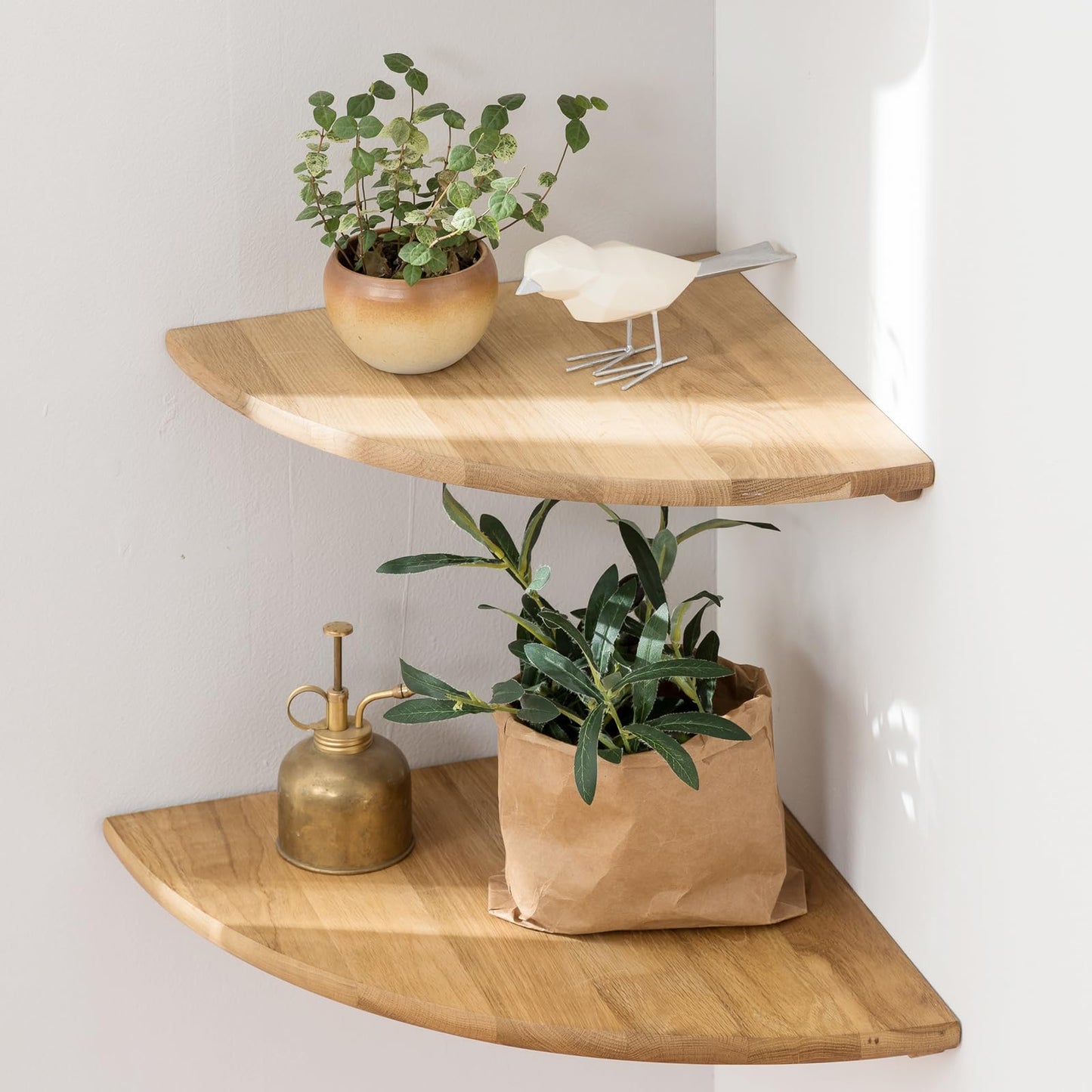 Conamily Corner Shelves, Floating Corner Shelf, Set of 2 12inch Solid Oak Wood Wall Shelves, Round End Wall Mount Display Shelf with Wire Hole for Bedroom Kitchen, Living Room