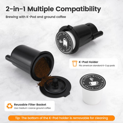Horavie Single Serve Coffee Maker for K-Cup Pod and Grounds, Hot and Iced Coffee Maker, Strong Button Feature, 6 to 14oz Brew Sizes, 50oz Removable Tank, Up to 6.5 Inch Cup, Stainless Steel, Grey