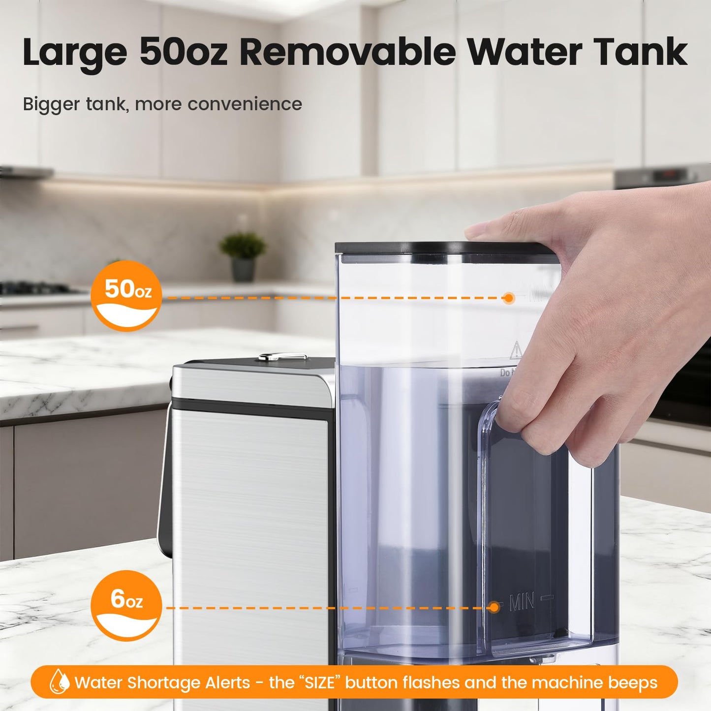 Horavie Single Serve Coffee Maker for K-Cup Pod and Grounds, Hot and Iced Coffee Maker, Strong Button Feature, 6 to 14oz Brew Sizes, 50oz Removable Tank, Up to 6.5 Inch Cup, Stainless Steel, Black
