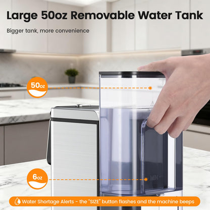 Horavie Single Serve Coffee Maker for K-Cup Pod and Grounds, Hot and Iced Coffee Maker, Strong Button Feature, 6 to 14oz Brew Sizes, 50oz Removable Tank, Up to 6.5 Inch Cup, Stainless Steel, Black