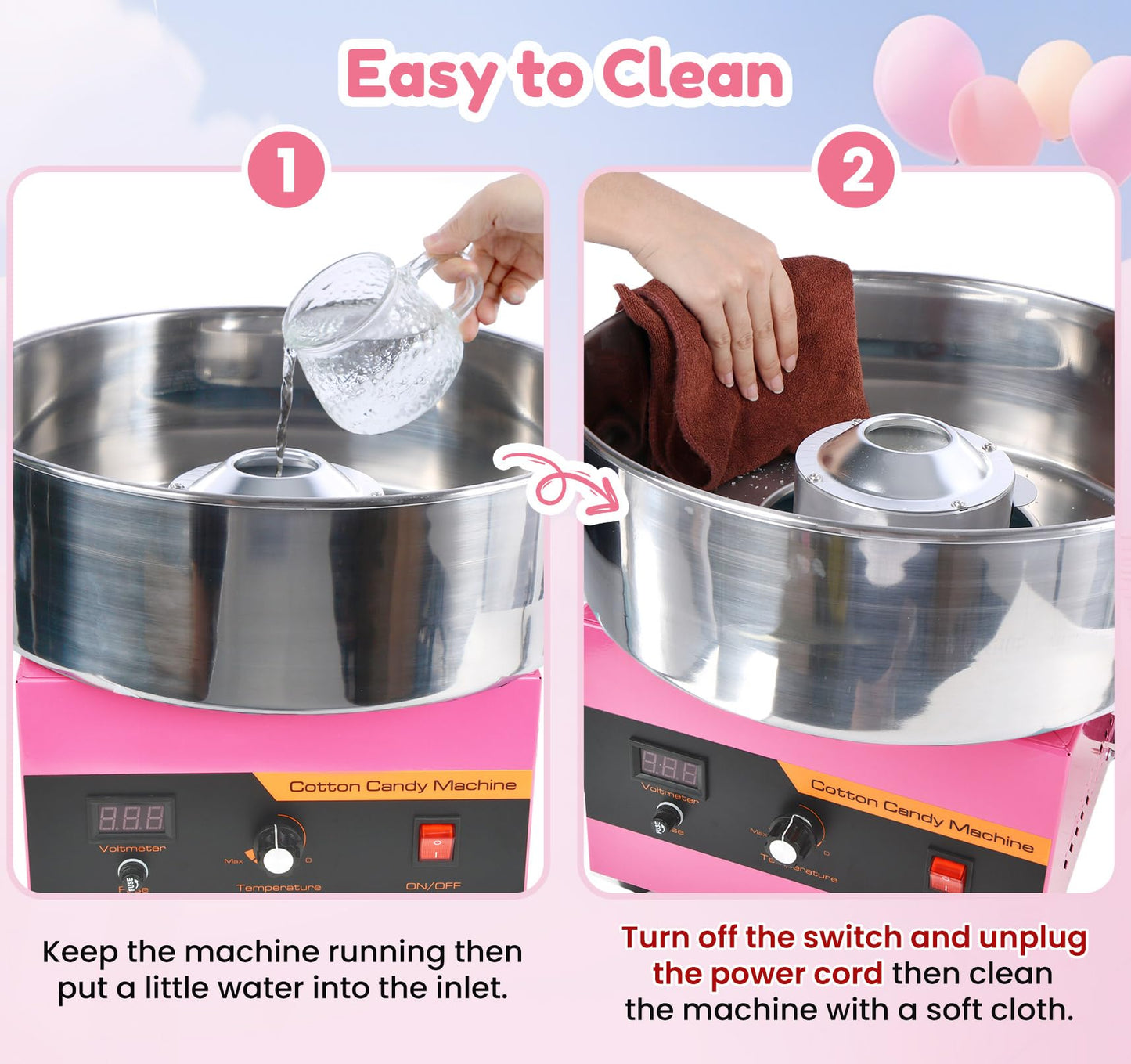 Cotton Candy Machine Commercial, 1000W Professional Cotton Candy Machine, Cotton Candy Maker with Stainless Steel Bowl, Bowl Cover and Sugar Scoop for Kids Birthday, Family Party, Festival (Pink)