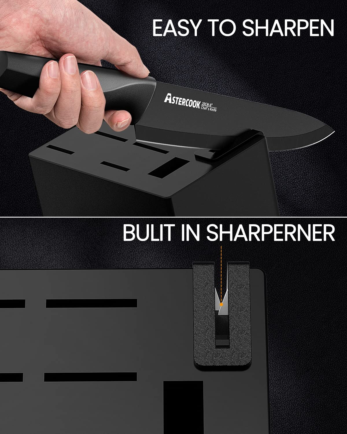 Astercook Knife Set, Kitchen Knife Set with Built-in Sharpener Block, Dishwasher Safe, 15 Pieces German Stainless Steel Knife Block Set, Black Mothers Day Gifts for Kitchen