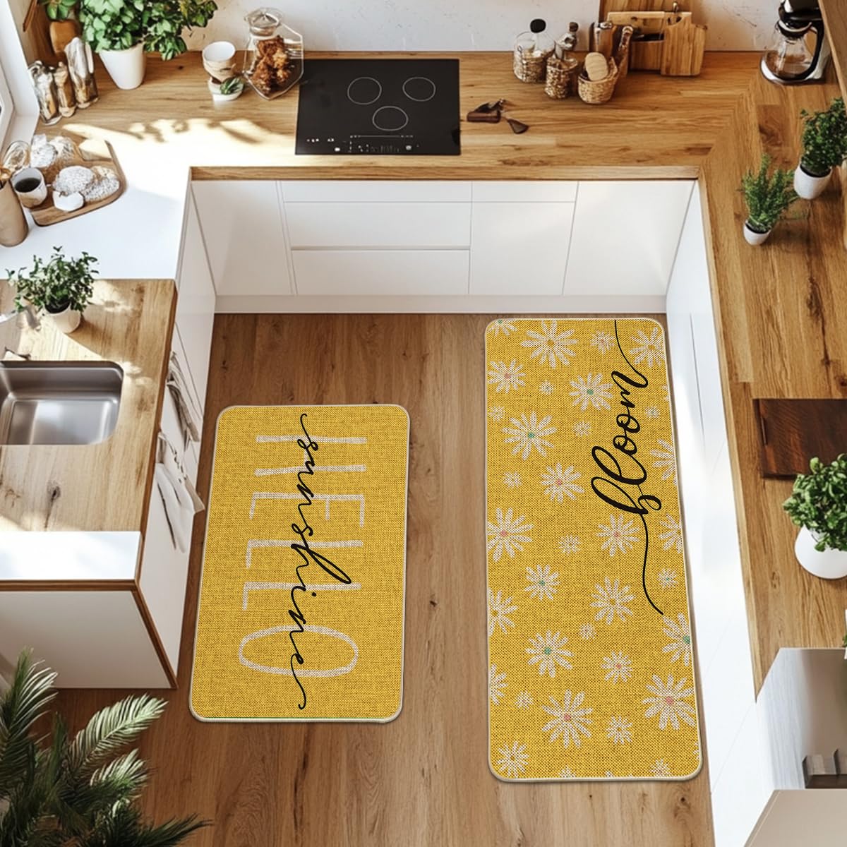 Artoid Mode Yellow Daisy Hello Sunshine Bloom Spring Kitchen Mats Set of 2, Home Decor Low-Profile Kitchen Rugs for Floor - 24x35 and 24x59 Inch