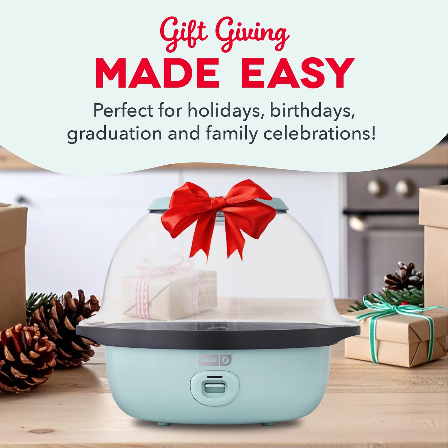 Dash SmartStore Deluxe Stirring Popcorn Maker - Hot Oil Electric Popcorn Popper with Butter-Warming Tray, Clear Serving Bowl, Storage Lid & Measuring Cup - 24 Cups, Red