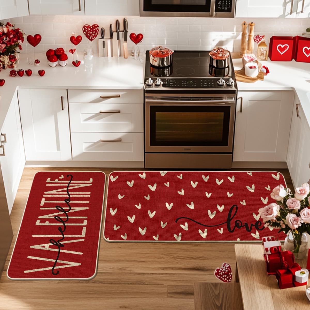 Artoid Mode Red Love Heart Hello Valentine's Kitchen Mats Set of 2, Home Decor Low-Profile Kitchen Rugs for Floor - 24x35 and 24x59 Inch