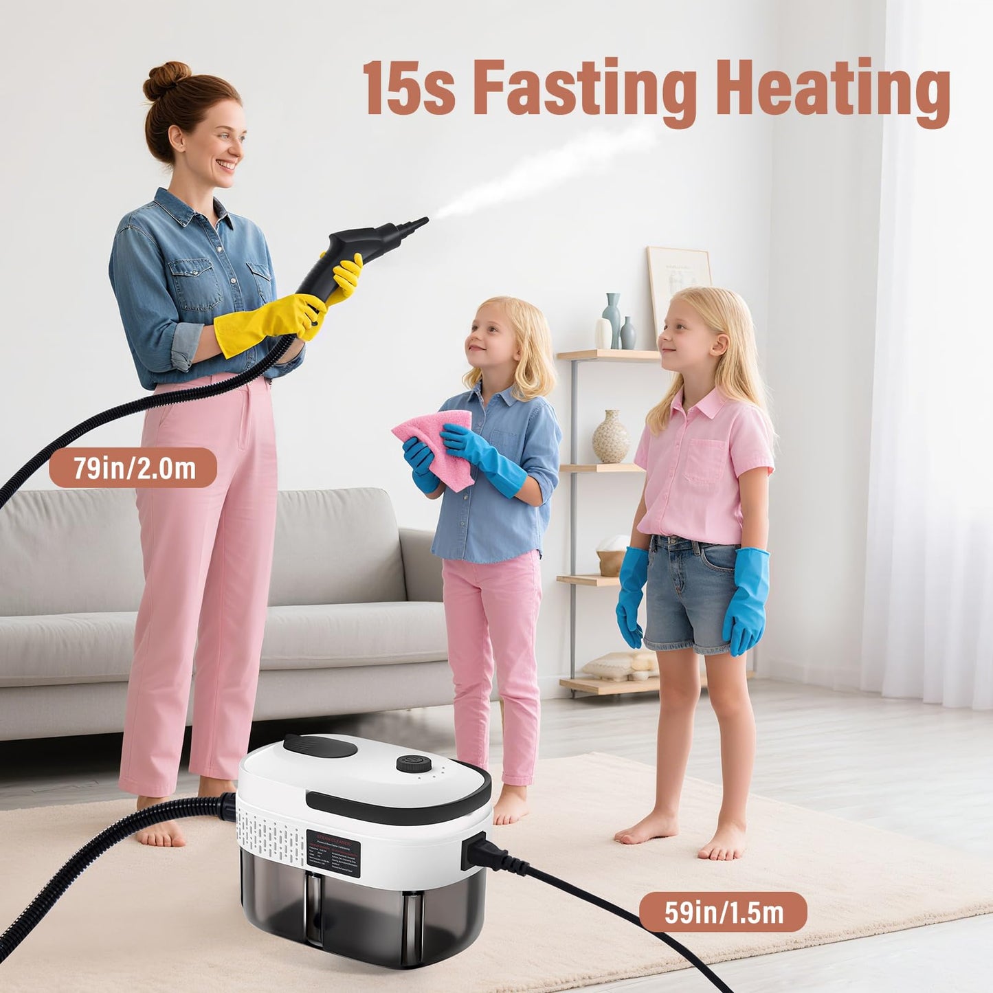 Lamberia Steam Cleaner with 12pcs Accessories, 2500W 1400ml 1.5 Quarts Tank, 3-Level Adjustable Portable Handheld Pressurized Steamer, 15s Heat-Up Steam Cleaner for Home, Car, Kitchen(White, US Plug)