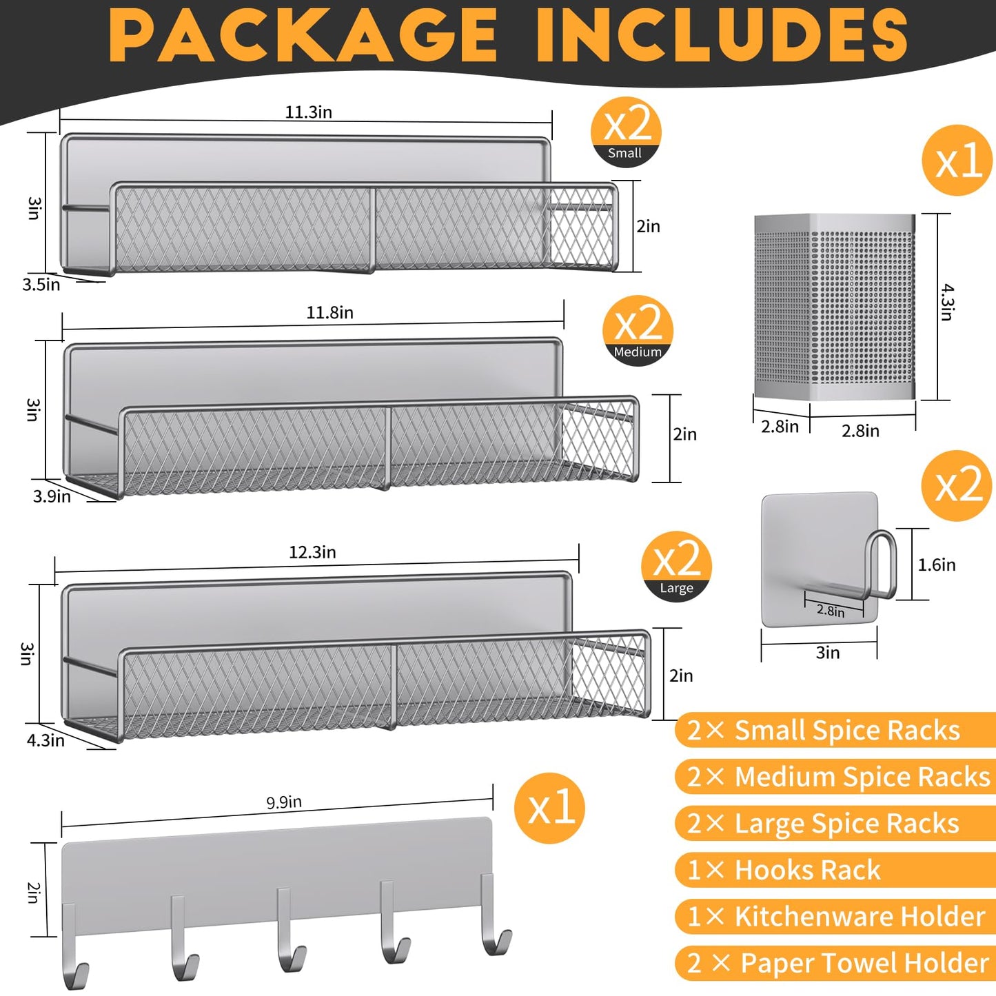 Magnetic Spice Rack for Refrigerator, 10 Pack 100% Metal Strong Magnet Shelf, Moveable Spice Organizer W/ Adjustable Paper Towel Holder, Hook Rack & Utensil Caddy, Home Kitchen Laundry Storage, Grey