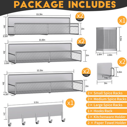 Magnetic Spice Rack for Refrigerator, 10 Pack 100% Metal Strong Magnet Shelf, Moveable Spice Organizer W/ Adjustable Paper Towel Holder, Hook Rack & Utensil Caddy, Home Kitchen Laundry Storage, Grey