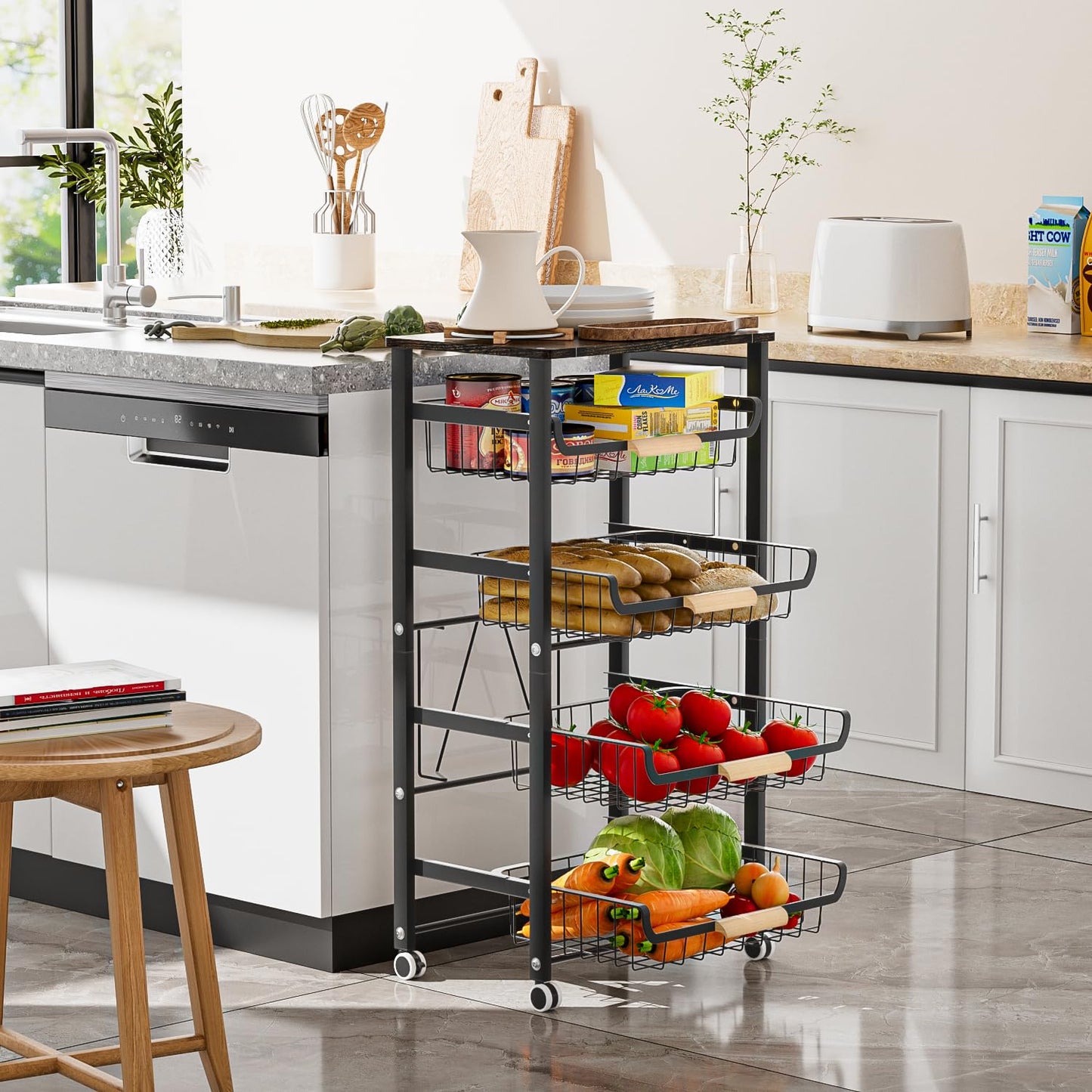 JAQ 5-Tier Fruit Vegetable Storage Cart with Wood Top, Rolling Kitchen Basket Organizer with Ergonomic Wood Handle & Wheels for Snacks Produce, Heavy Duty Metal Vianderos para Cocina Modernos, Black
