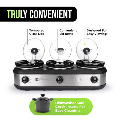 TRU Triple Buffet Server - Three 2.5 Quart Removable Crock Inserts - Slow Cooker & Food Warmer with Individual Heat Control - Includes Lid Rests & Serving Spoons
