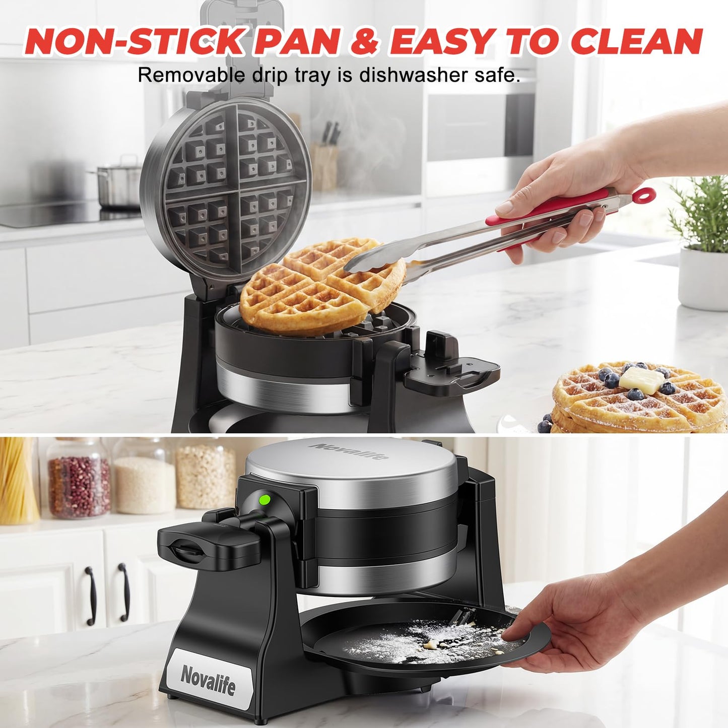 Waffle Maker, 1400W Belgian Waffle Maker, Double Waffle Iron 180° Flip, 8 Slices, Rotating & Nonstick Plates, Removable Drip Tray Easy to Clean, Locking Buckle & Cool Touch Handle, Stainless Steel