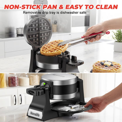 Waffle Maker, 1400W Belgian Waffle Maker, Double Waffle Iron 180° Flip, 8 Slices, Rotating & Nonstick Plates, Removable Drip Tray Easy to Clean, Locking Buckle & Cool Touch Handle, Stainless Steel