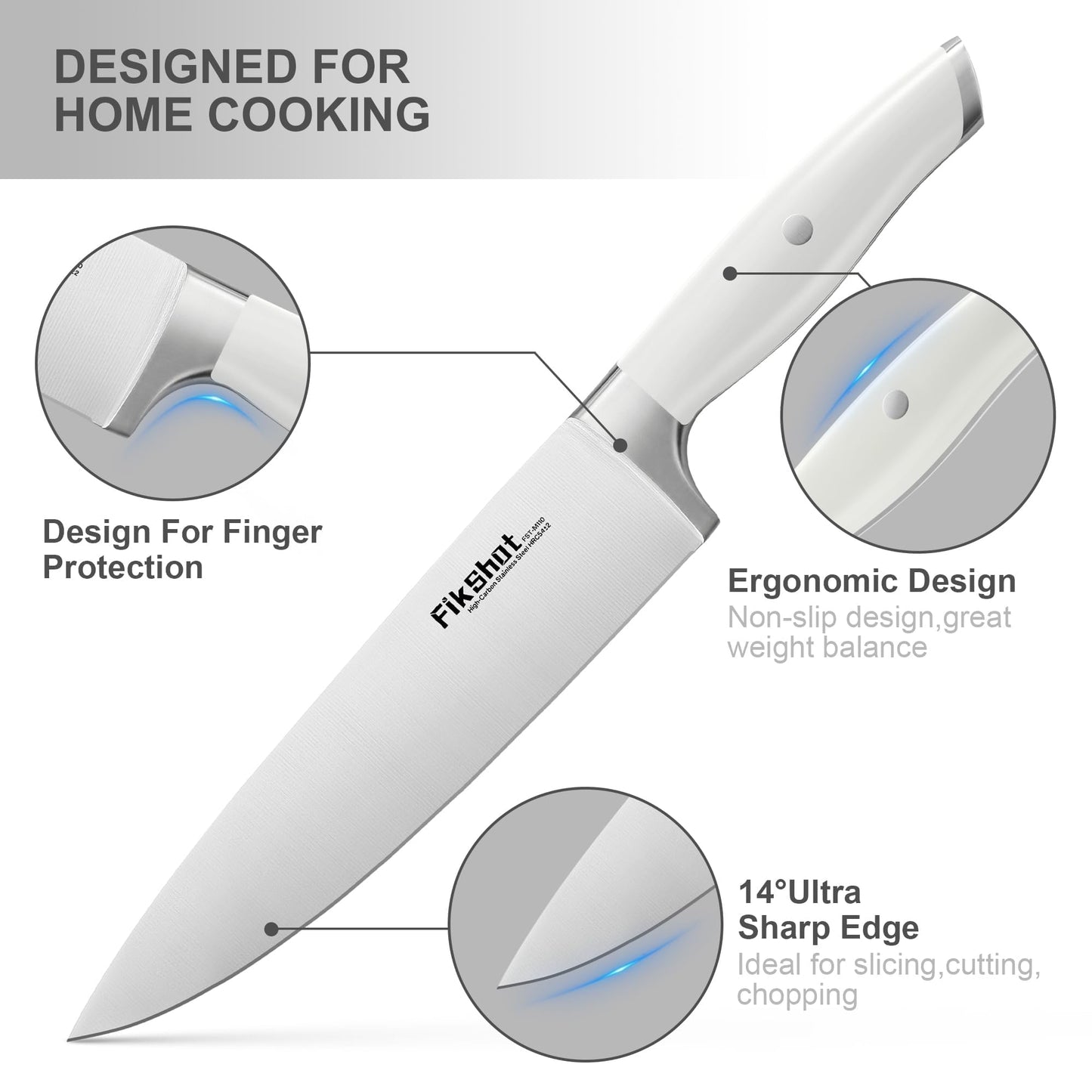 Fikshot 14-Piece Knife Set – German High Carbon Stainless Steel, Professional Chef Knives with Block & Sharpener, Elegant White, Dishwasher-Safe, Modern Kitchens, Rental Homes, Gift for Chefs
