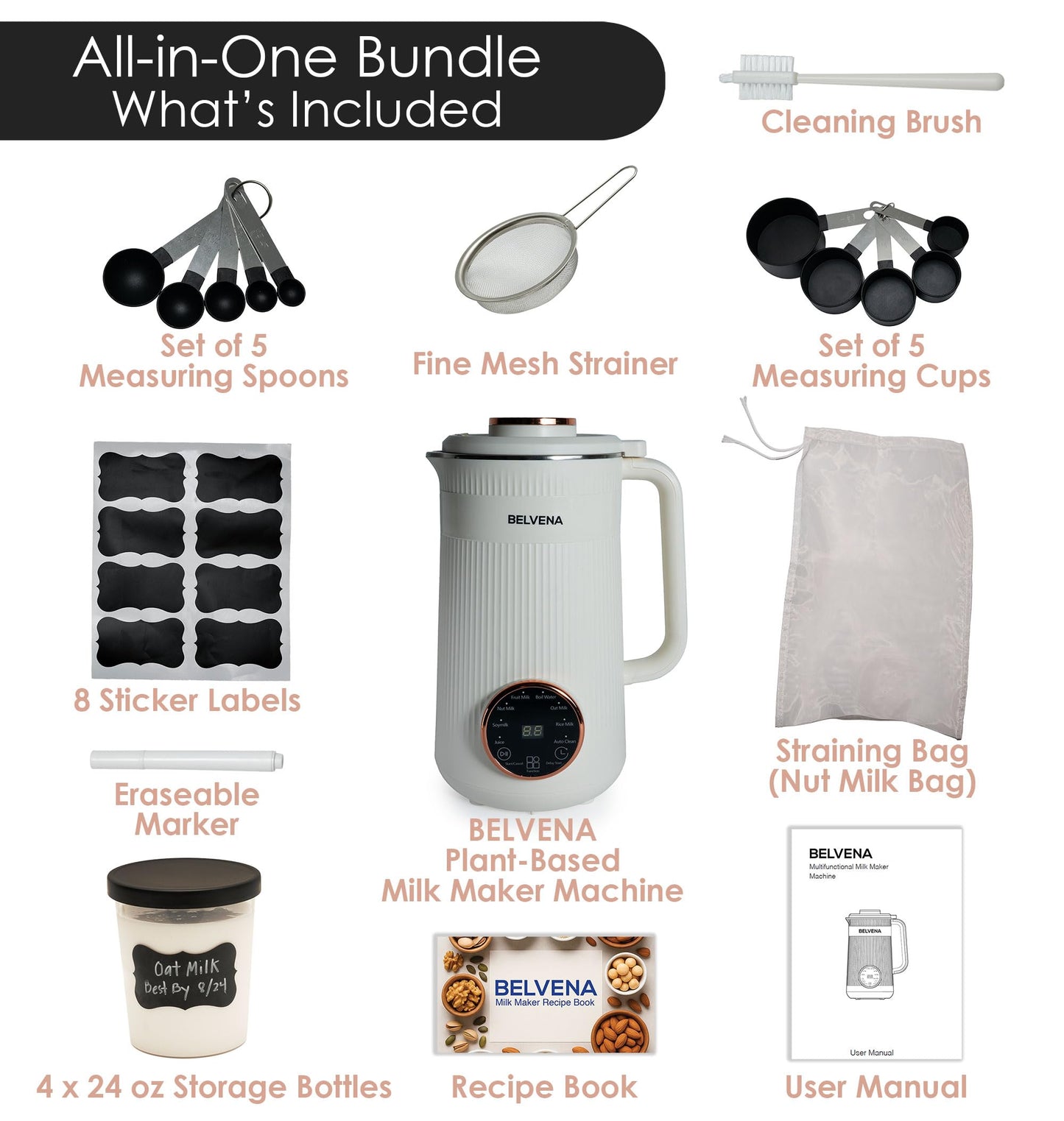 BELVENA All-In-One Bundle Nut Milk Maker Machine – Includes 4 Storage Bottles, Labels & Measuring Set 32oz Capacity 8 in 1 Function Soy Milk Maker Machine Automatic Stainless Steel Almond Nut Oat Rice