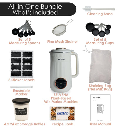 BELVENA All-In-One Bundle Nut Milk Maker Machine – Includes 4 Storage Bottles, Labels & Measuring Set 32oz Capacity 8 in 1 Function Soy Milk Maker Machine Automatic Stainless Steel Almond Nut Oat Rice