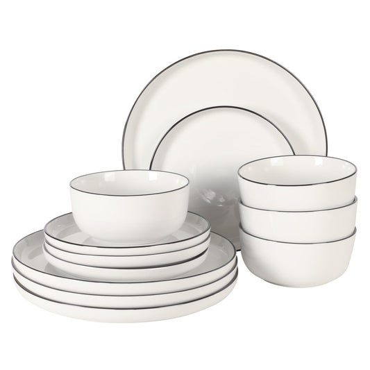 Gibson Home Oslo 12-Piece Porcelain Dinnerware Set – Dinner Plates, Salad Plates & Bowls, Classic White With Black Rim Everyday Dish Set for Home, Kitchen, Microwave & Dishwasher Safe