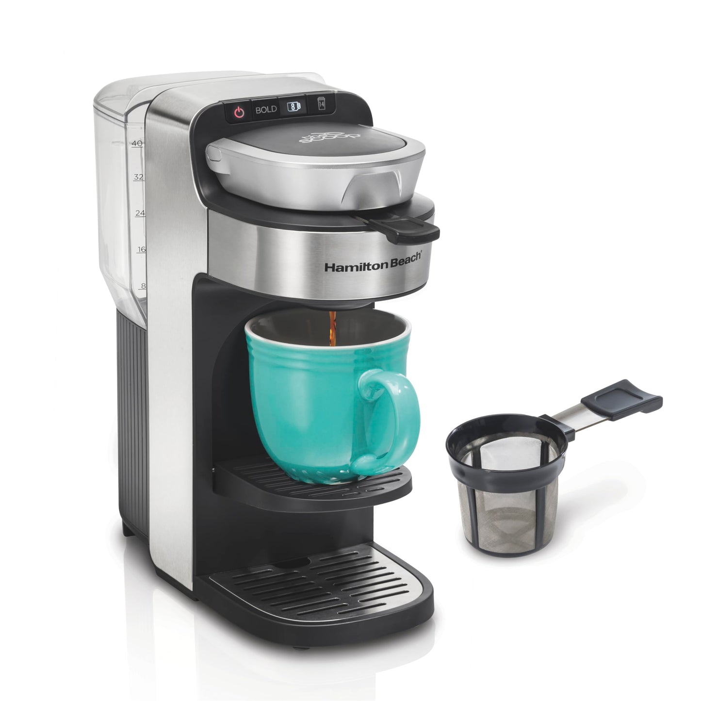 Hamilton Beach The Scoop Single Serve Coffee Maker & Fast Grounds Brewer for 8-14oz. Cups, Brews in Minutes, 40oz. Removable Reservoir, Stainless Steel (49987),Silver