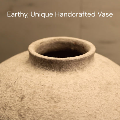 Handemade Large Round Vase for Centerpieces, White Rustic Vase Farmhouse Decor, Distressed Textured for Home Decorations, Earthy Room Decor Aesthetic, Stone Look Ceramic Clay Pottery, 9 inch