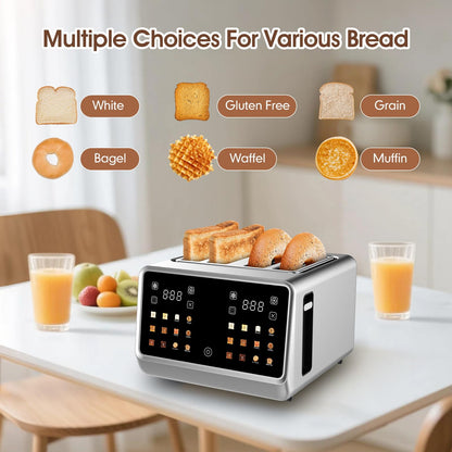 4 Slice Touch Screen Toaster with LCD Display Stainless Steel Digital Toasters 6 Bread Types& 6 Shade Settings Smart Extra Wide Slots Toaster With Bagel Cancel Defrost Reheat Functions