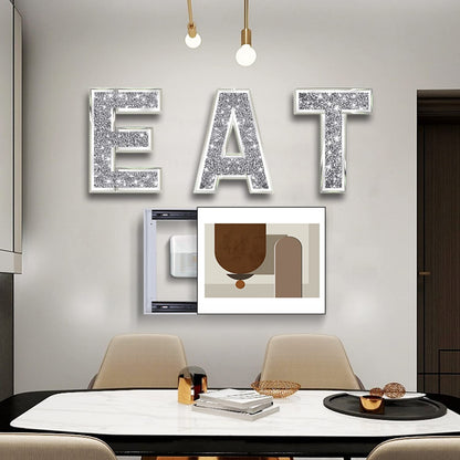 ZOLAPI 3 pcs Independent Letters EAT.Glam Crystal Diamond Letters.Silver Mirror Glass Home Decoration for Wall, Kitchen,Living room, Fireplace, Bookshelf and Table.