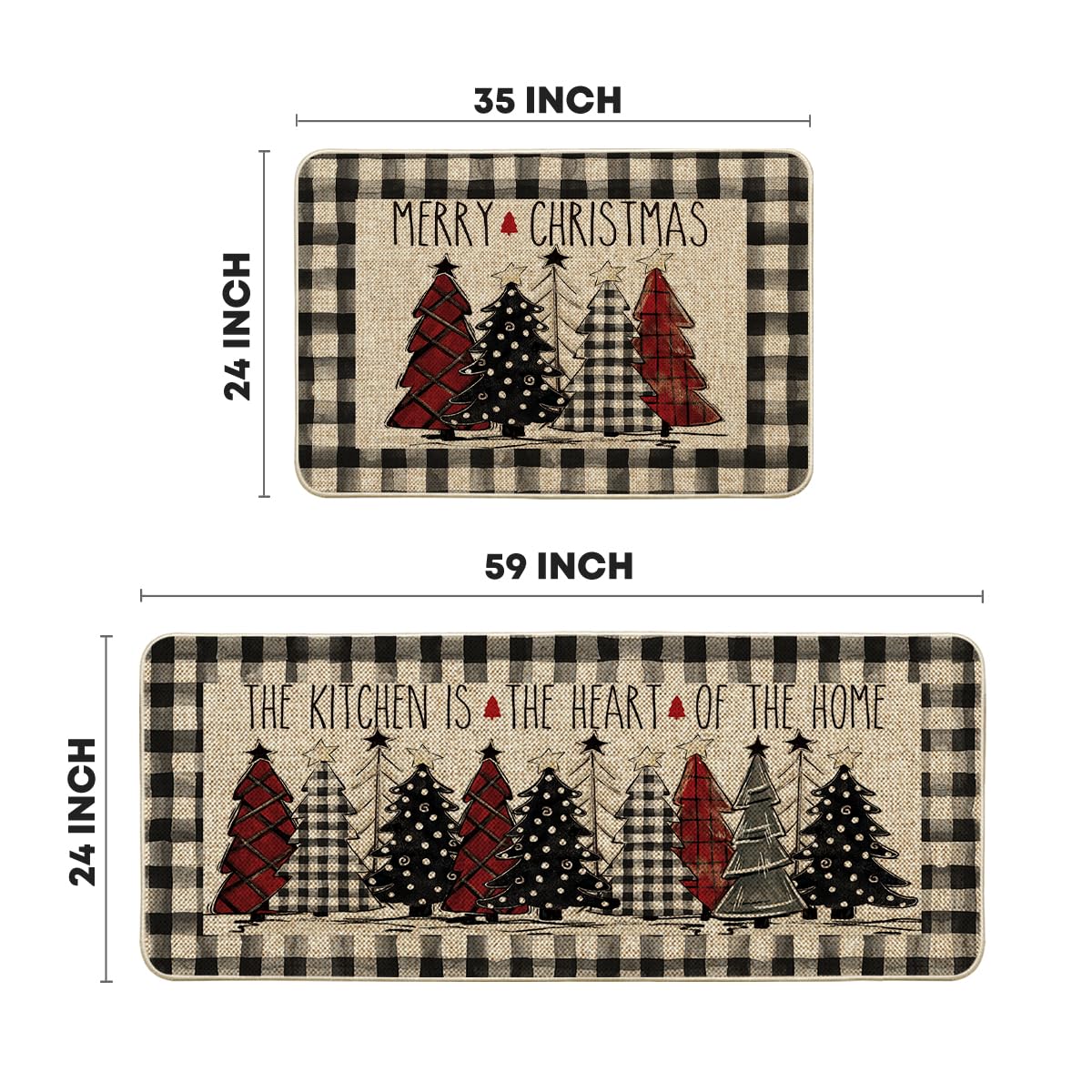 Artoid Mode Buffalo Plaid Xmas Tree Merry Christmas Kitchen Mats Set of 2, Winter Home Decor Low-Profile Kitchen Rugs for Floor - 24x35 and 24x59 Inch