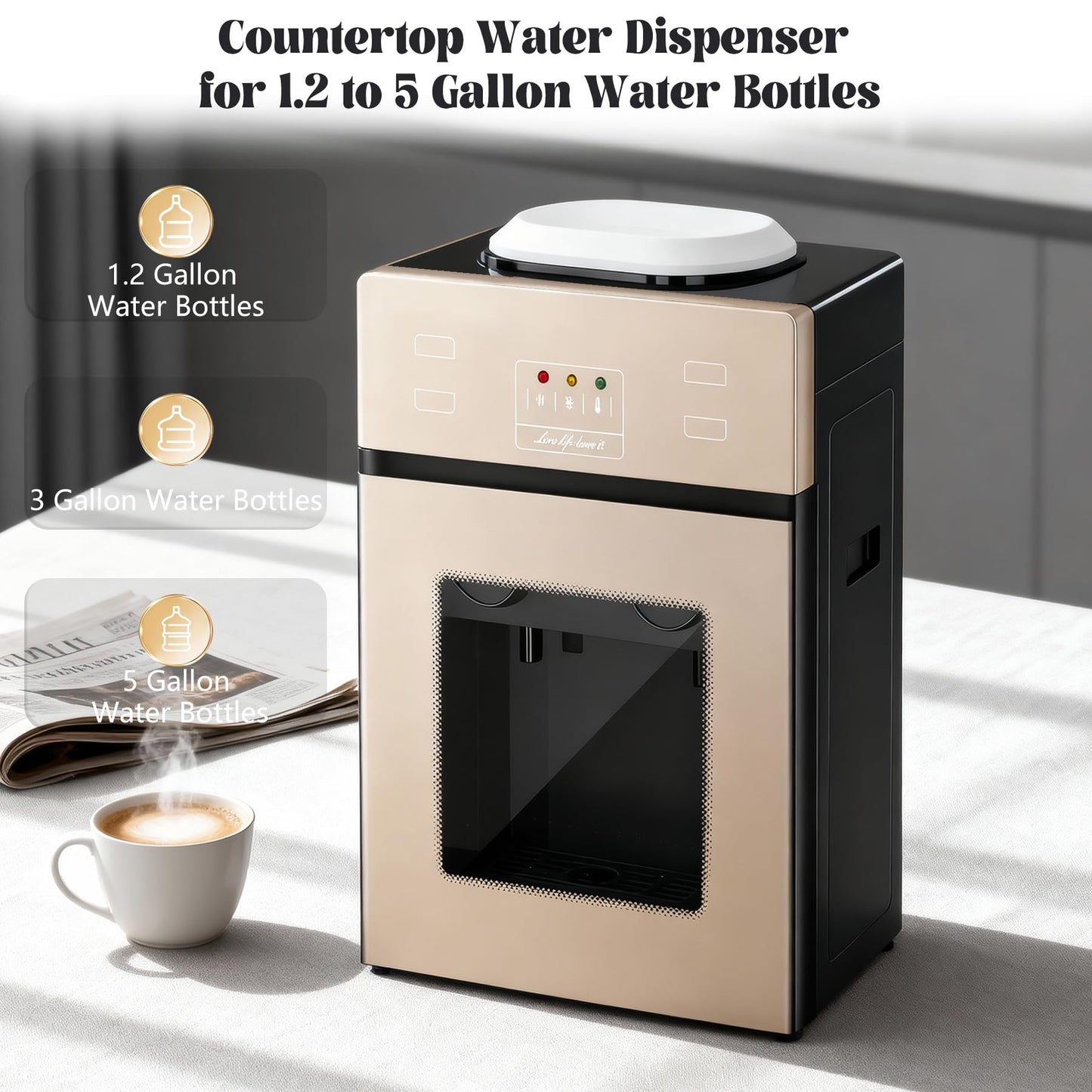 Top-Loading Countertop Water Dispenser for 1.2 to 5 Gallon Bottles, Hot & Cold Water Cooler Dispenser with Rotating Dual Spout, No-Press Dispensing, Visual Door Cover for Kitchen, Office, Bedside Use