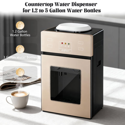 Top-Loading Countertop Water Dispenser for 1.2 to 5 Gallon Bottles, Hot & Cold Water Cooler Dispenser with Rotating Dual Spout, No-Press Dispensing, Visual Door Cover for Kitchen, Office, Bedside Use