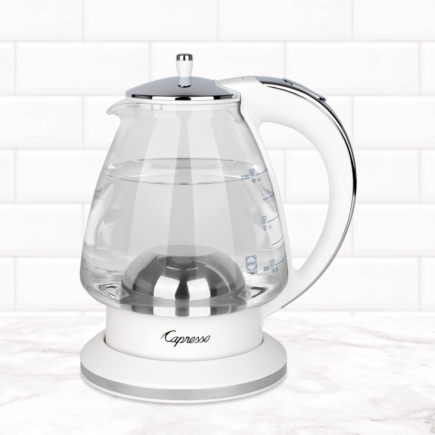 Capresso H2O Glass Kettle, 240.02, White and polished chrome, 48 ounces
