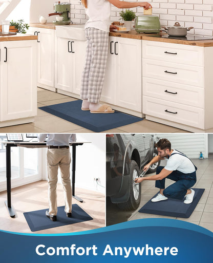 Ophanie Kitchen Mats for Floor, 3/4 inch Thick, 17x28 Anti Fatigue Cushioned Mat, Kitchen Rugs, Waterproof, Comfort Ergonomic Standing Mat for Office, Home, Sink, Blue Non-Slip Ridged Bottom