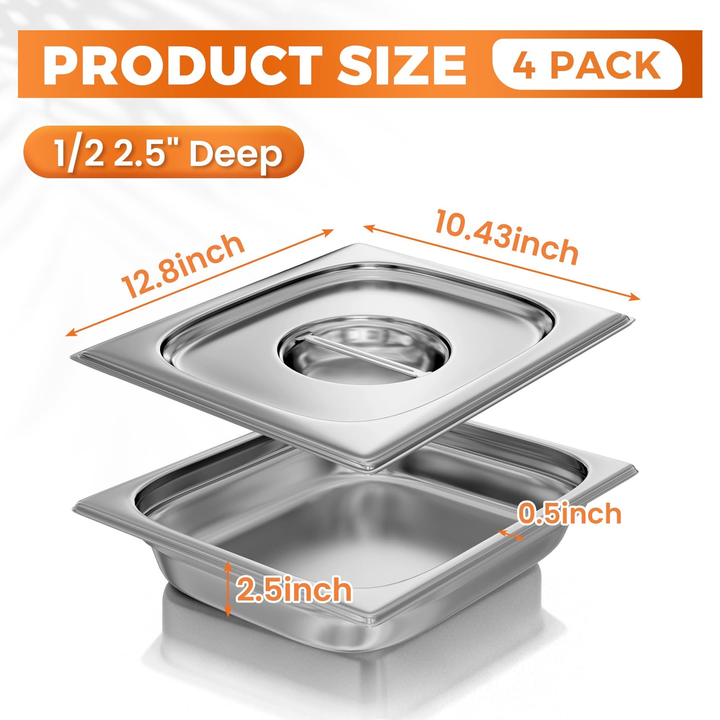 HOCCOT 4 Pack Hotel Pans with Lids 1/2 Size 2.5" Deep, Stainless Steel Steam Table Pan with Lid, Commercial Metal Buffet Food Storage Container, Anti-Jam Design, for Restaurant, Kitchen, Party, Home