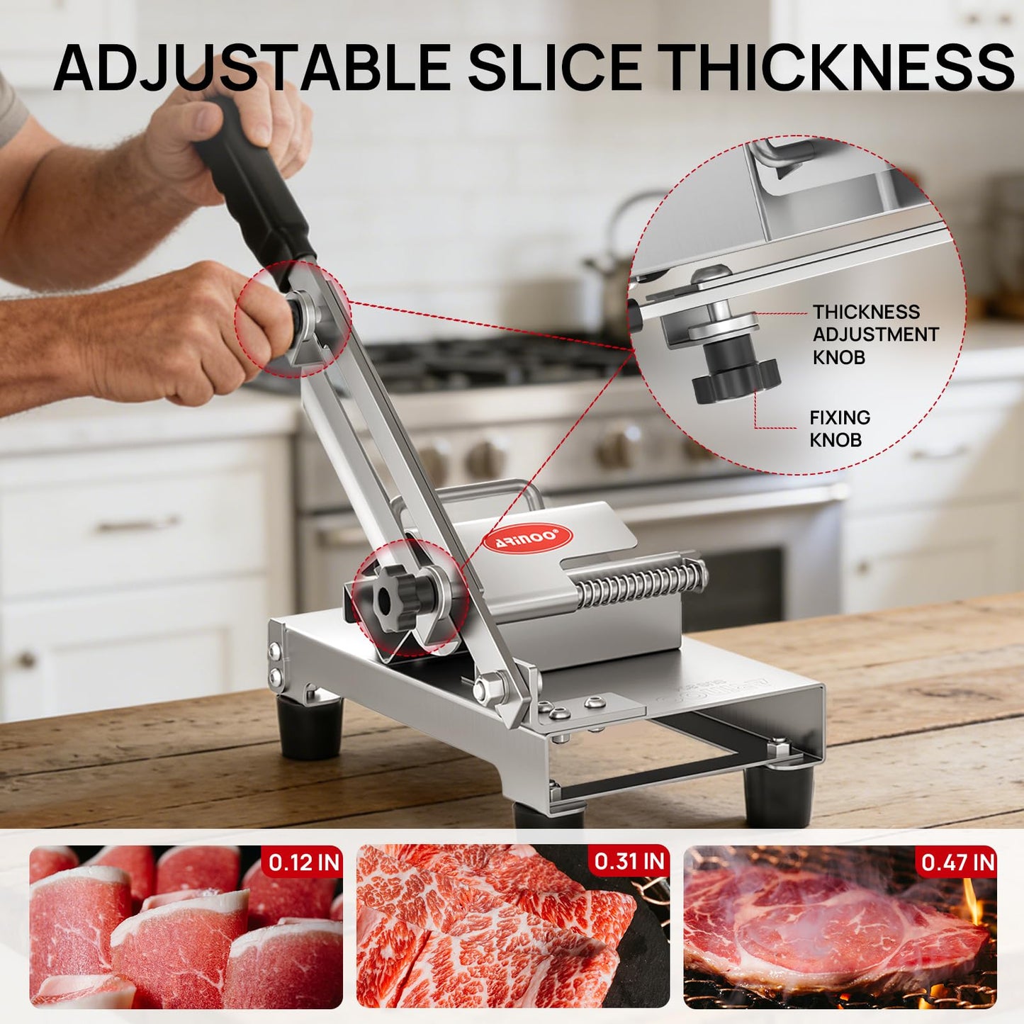 ARINOO Manual Frozen Meat Slicer,Stainless Steel Meat Cutter Beef Mutton Roll Bacon Sausage and Cheese Slicing Machine for Home Cooking,Food slicer BBQ,Salad,and Sandwich slicing easy to use