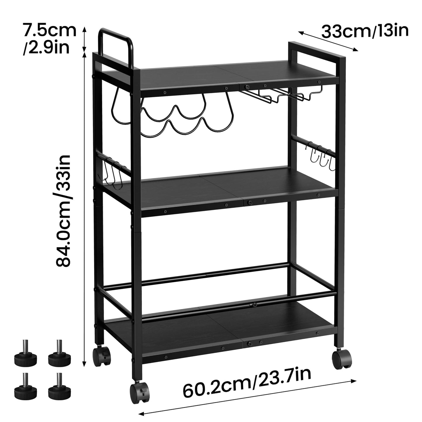 Home Bar Serving Cart, Serving Cart with Wheels and Handle, 3 Tier Rolling Kitchen Cart, Microwave Cart, Beverage Cart with Wine Holder and Glass Holders, for Dinning Room, Living Room, Black